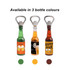 A drink bottle opener in green, amber, and brown with a metal cap lifter and a fridge magnet.