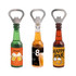 A drink bottle-shaped opener featuring green, amber, and brown designs, each with a bottle cap opener and a logo.