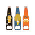 A drink bottle-shaped opener fridge magnet in various colours, featuring illustrations and a logo on each.