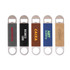 A drink bottle opener with a metal end and a coloured PU strap, featuring various logos in different colours.