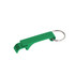 A green aluminium keyring bottle opener with a sleek design and a metal keyring attached.