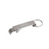 A drink bottle opener in silver aluminium with a keyring attachment and a logo.
