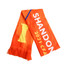 An orange spandex scarf featuring a logo and text, with fringed ends and a vibrant design.