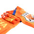 A folded orange Elastic Spandex Scarf featuring a logo and vibrant graphics.