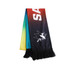 A multi-coloured scarf featuring a gradient from red to blue, with black fringes and a logo.