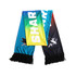 A vibrant recycled mesh fabric scarf featuring gradient colours and a fringed edge, with a logo on the design.