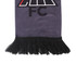 A grey velvet scarf featuring a logo and black fringes at the ends, designed as a clothing accessory.