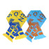 A fleece scarf in yellow and blue, alongside another in blue and orange, featuring branding and fringed ends.