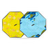 A reversible folding umbrella featuring a bright yellow side with geometric patterns and a blue side with abstract designs.