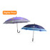 Two expandable golf umbrellas in shades of purple and blue, with curved handles and printed designs. One has a logo.