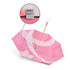 A lightweight pink umbrella with a wooden handle and a label indicating it’s made from recycled plastic bottles. A lightweight pink umbrella with a wooden handle and a label indicating it’s made from recycled plastic bottles.
