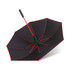 A black umbrella with red trim and a black handle, featuring a central pole and an open canopy design.
