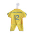 A custom mini jersey in yellow with blue accents and a hang tag. It features a logo and a number '12'.