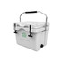 A white 15L cooler box with a sturdy handle and secure latches, featuring a logo on the front.