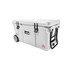 A white 75L cooler box with wheels and a sturdy handle, featuring a logo on the side.