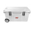 A white 75L cooler box with wheels, featuring a secure lid and black latches, accompanied by a logo.