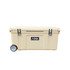A 120L beige cooler box with wheels and a logo, featuring sturdy latches for secure closure.