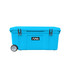 A blue cooler box with wheels and a branded logo, designed for convenient transport and storage.