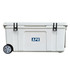 A white 120L cooler box with wheels features latches and a logo. Suitable for transporting items.
