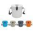 A 12L ice bucket in white with a handy rope, alongside options in blue, grey, khaki, and orange. Features a logo.