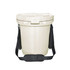 A 15L ice bucket in cream colour with a black handy rope strap. The bucket features a secure lid and a logo.