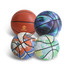 A collection of four basketballs in various colours: orange, blue, and patterned designs with logos.