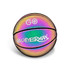 A holographic basketball displaying vibrant colours, featuring a mesh pattern and a logo.