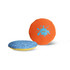 A blue and yellow disc and an orange disc featuring a splash design. Both have a logo.