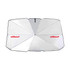 A large, white car shade umbrella with a black and red logo. It has a folding design and multiple panels. A large, white car shade umbrella with a black and red logo. It has a folding design and multiple panels.