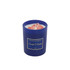 A blue glass candle with a natural soy wax interior and a wick, featuring a decorative design.