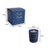 A dark blue glass candle with a lid, placed beside a matching box. The candle features a natural wax interior.