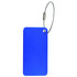 A blue square aluminium luggage tag with a metal cable attachment. Features a logo on one side.