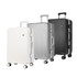A collection of three ribbed ABS suitcases in white, silver, and black with wheels and handles. Each has a logo.