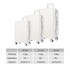 A white ribbed ABS suitcase in three sizes, featuring wheels and a handle, along with a table of specifications.