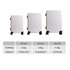 Three white ABS business suitcases of varying sizes, featuring wheels and a logo on each. Three white ABS business suitcases of varying sizes, featuring wheels and a logo on each.