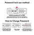 A diagram illustrating the password lock use method, featuring a combination lock and instructions to change the password. A diagram illustrating the password lock use method, featuring a combination lock and instructions to change the password.