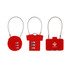 A set of three red metal coded locks with various shapes and a logo on one. Each features a combination dial.