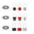 A set of metal coded locks in black, red, and grey, featuring various shapes and a branding logo.