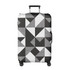 A suitcase cover featuring a geometric pattern in black, white, and grey. It has a handle and wheels for easy mobility.