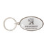 A silver oval keyring with a domed epoxy surface, featuring a logo and text on a white background.