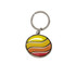 A custom shaped metal keyring with a domed epoxy finish, featuring yellow, orange, and red wave patterns.