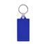 A rectangular hard plastic keyring in vibrant blue, featuring a metal ring for attachment.