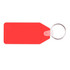 A red long hexagon hard plastic keyring with a metal ring and a clear attachment. A red long hexagon hard plastic keyring with a metal ring and a clear attachment.