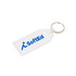 A long hexagon hard plastic keyring in white with a keychain attachment and a logo. A long hexagon hard plastic keyring in white with a keychain attachment and a logo.