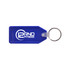 A blue hard plastic keyring featuring a silver keyring attachment and a logo. A blue hard plastic keyring featuring a silver keyring attachment and a logo.