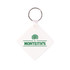 A square white keyring with a silver metal ring and a green logo design. A square white keyring with a silver metal ring and a green logo design.