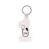 A white keyring shaped like the number one, featuring a logo and a silver keyring attachment. A white keyring shaped like the number one, featuring a logo and a silver keyring attachment.