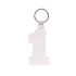 A white keyring shaped like the number one, complete with a metal keyring attachment. A white keyring shaped like the number one, complete with a metal keyring attachment.