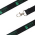 A black satin lanyard featuring a metal clasp and a logo design.