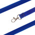 A blue PVC lanyard featuring a metal clip for attaching items, with a smooth finish and glossy appearance.